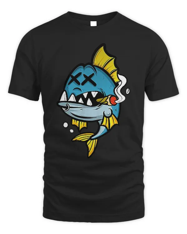 Cartoon Shark Ocean Fish Wild Smoking Funny Blue Yellow Tee