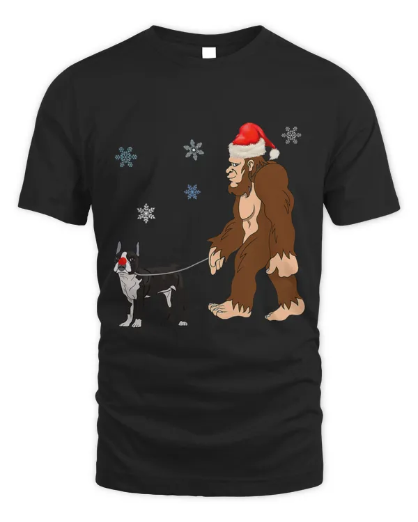 Bigfoot Santa Hat Walking Boston Terrier Dog Red Nose