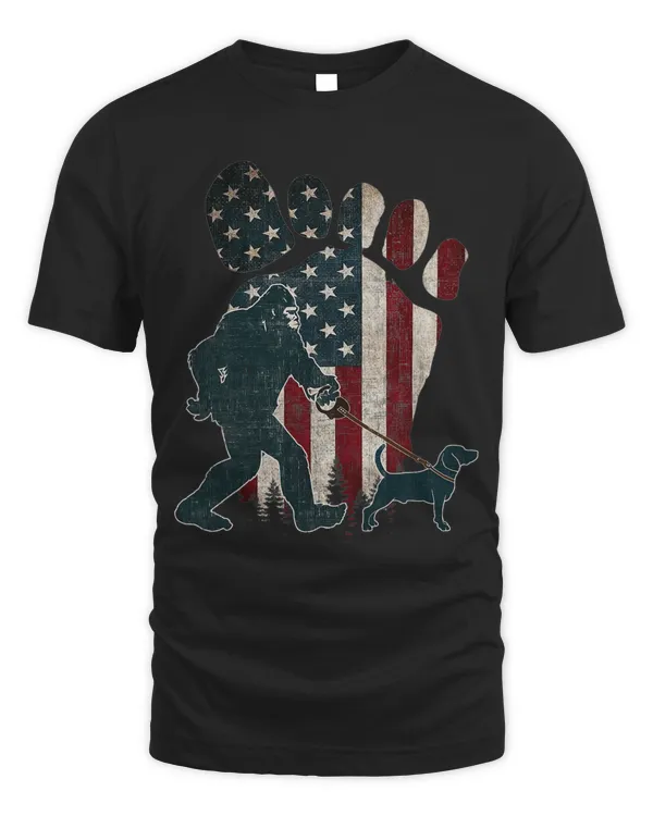 Bigfoot Walking Beagle Silhouette American Usa Flag Dog