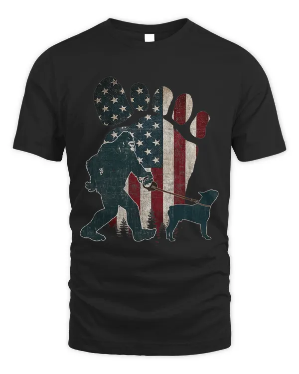 Bigfoot Walking Boston Terrier Silhouette American Usa Flag