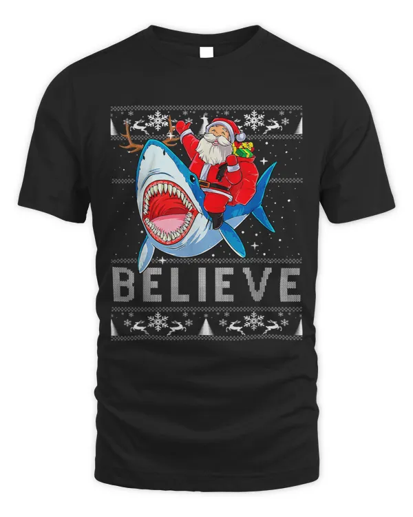 Christmas Believe Santa Claus Riding Shark Xmas UGLY Gifts 279
