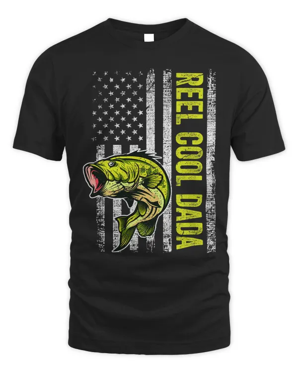 Mens Fathers Day Shirt Reel Cool Dada Fish American Flag