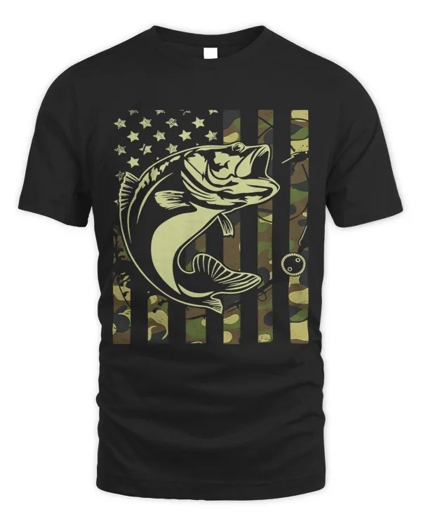 Mens FishingShirt US American Flag Bass Fish Papa Gift Funny Dad