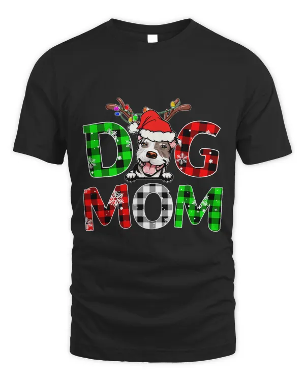 Bully Dog Mom Buffalo Plaid Xmas Pajama Reindeer Horn 2 Pitbull Dog