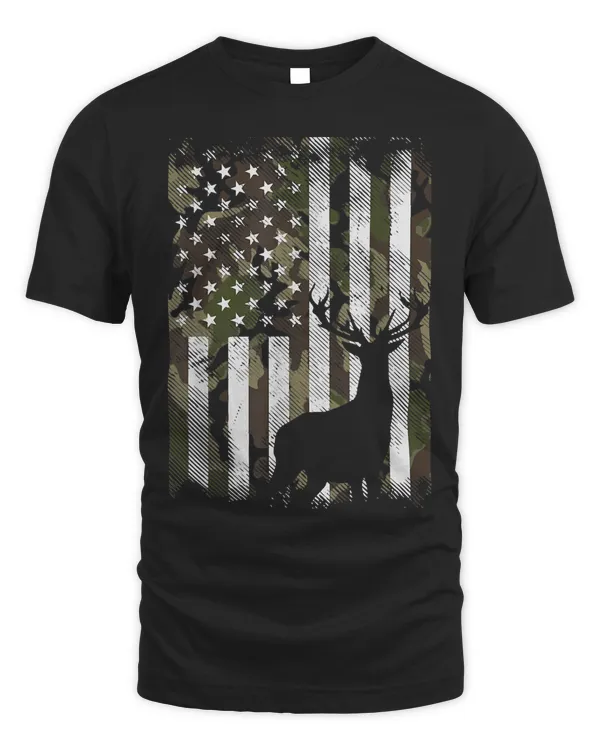 Camo US Flag Deer Elk Buck Camoflage Hunting Hunter Dad Gift T-Shirt