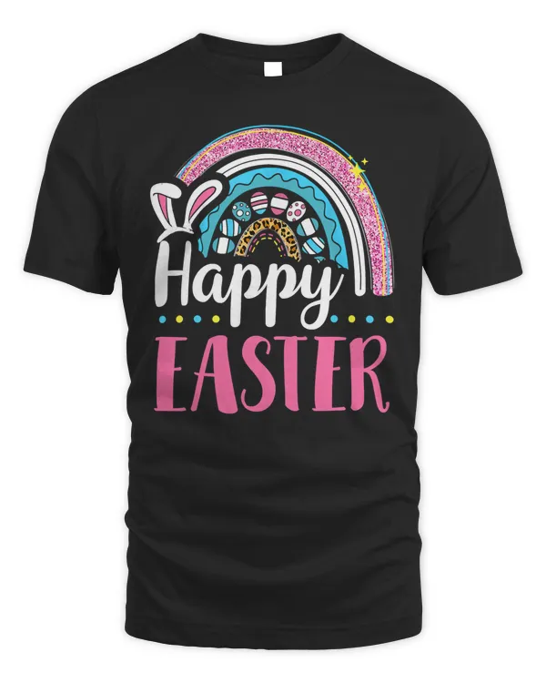 Original leopard rainbow easter eggs hunting bunny ears happy easter t-shirt