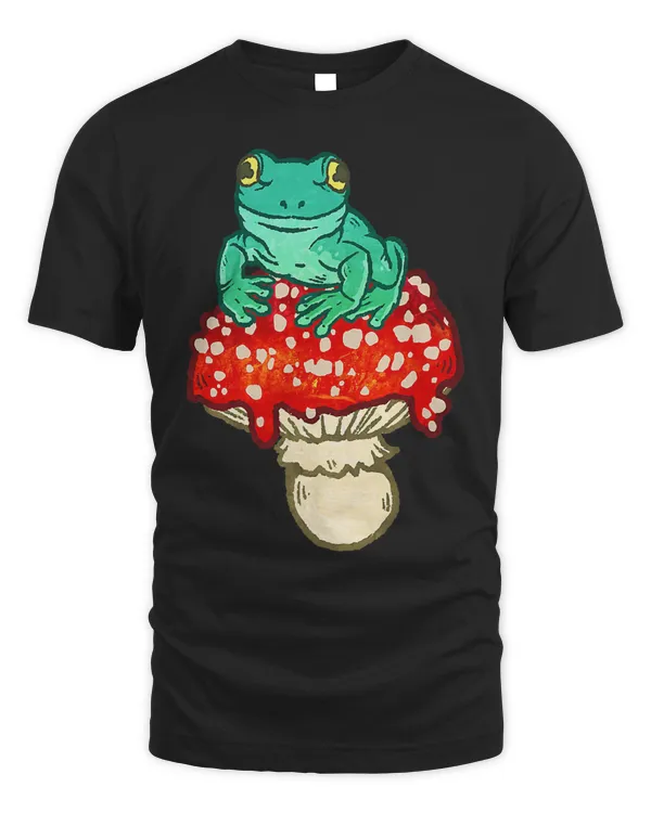 Cute Frog Sitting on Red Spotted Mushroom - T-Shirt