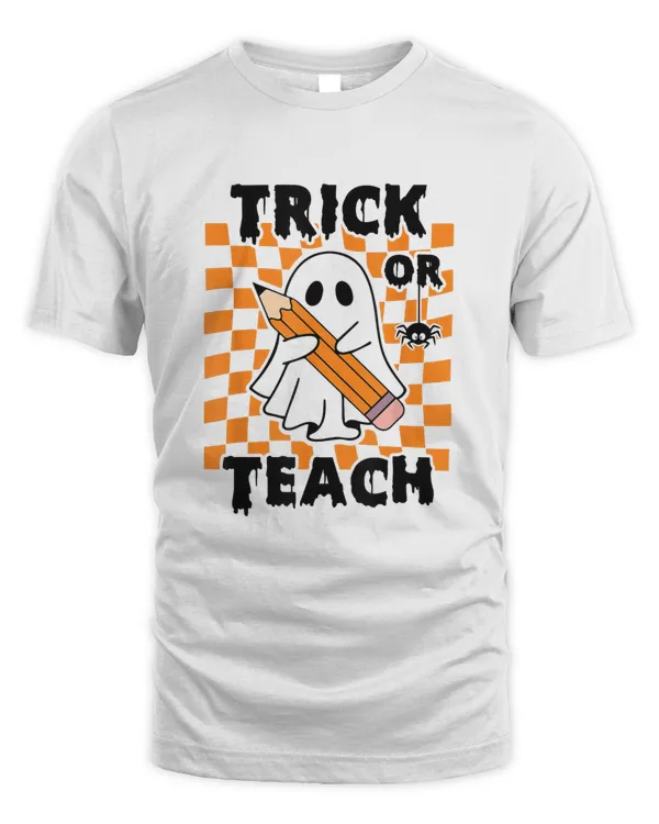 Groovy Halloween Trick or Teach Retro Floral Ghost Teacher T-Shirt
