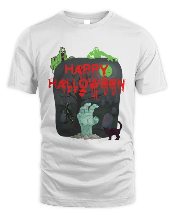 Happy Halloween Horror Graveyard Cat T-Shirt