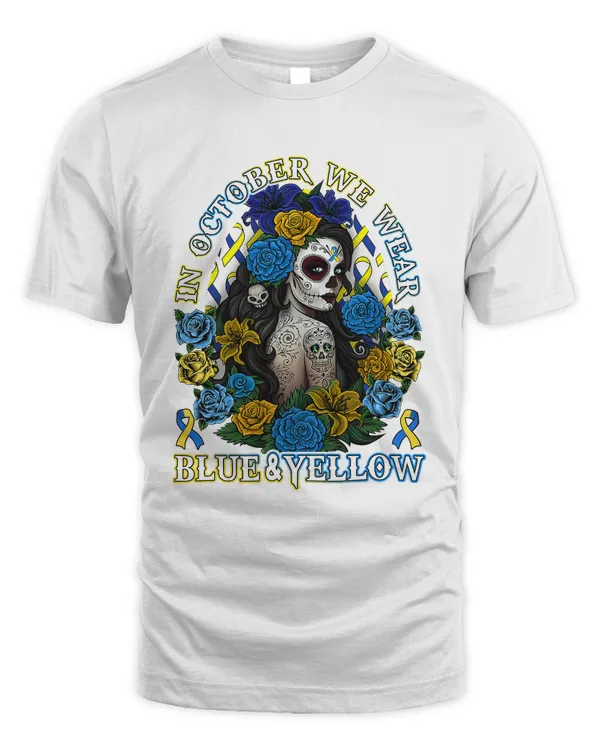 In October We Wear Blue Yellow Down Syndrome Awareness Skull1