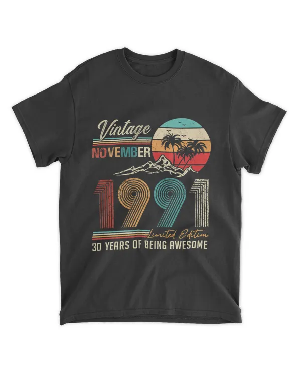 30 Years Old 30th Birthday Decoration Vintage November 1991 T-Shirt