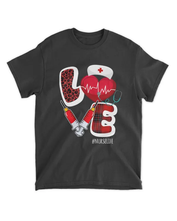 RD Love Nurselife Valentine Nurse Leopard Print Plaid Heart Shirt