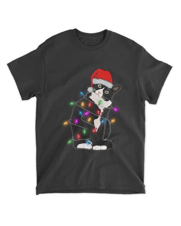 Black Santa Cat with christmas lights Funny Cats Gift