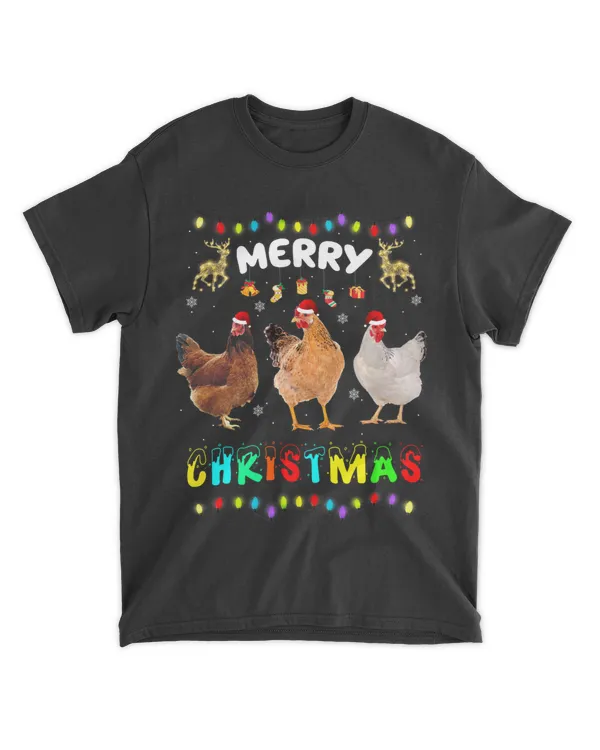 Merry Christmas Chicken Shirt Santa Hat Lights Funny Xmas