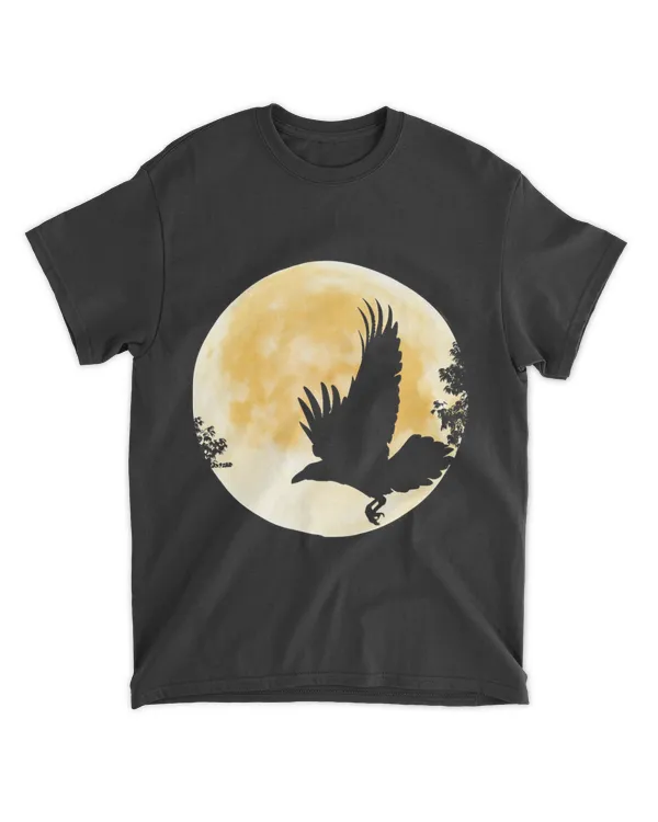 Black Crow Flying in Front of a Big Yellow Moon
