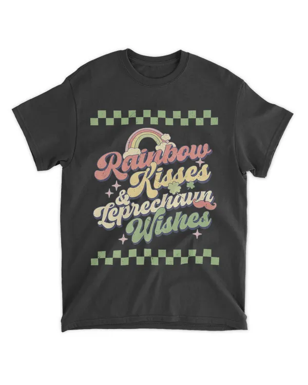 Retro Rainbow Kisses Leprechaun Wishes St Patricks Day Groovy Premium TShirt