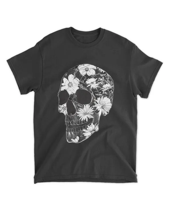 Vintage Rock Love With Beautiful Floral Skull T-Sh