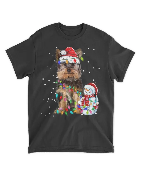 Yorkshire Terrier Christmas Santa Hat Xmas Lights Yorkie Dog Long Sleeve T-Shirt