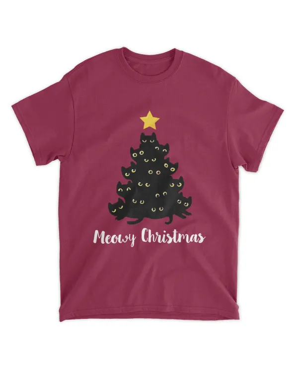 Meowy Christmas Black Cat Christmas Tree Cute Yellow Eyes Cat T-Shirt
