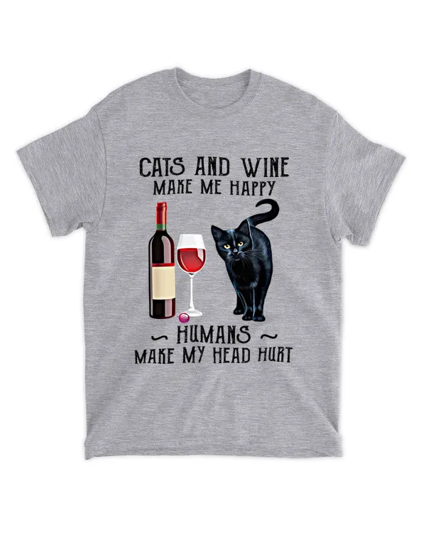 Black Cat Wine Humans Make My Head Hurt Cats Make Me Happy Wine Christmas T-Shirt