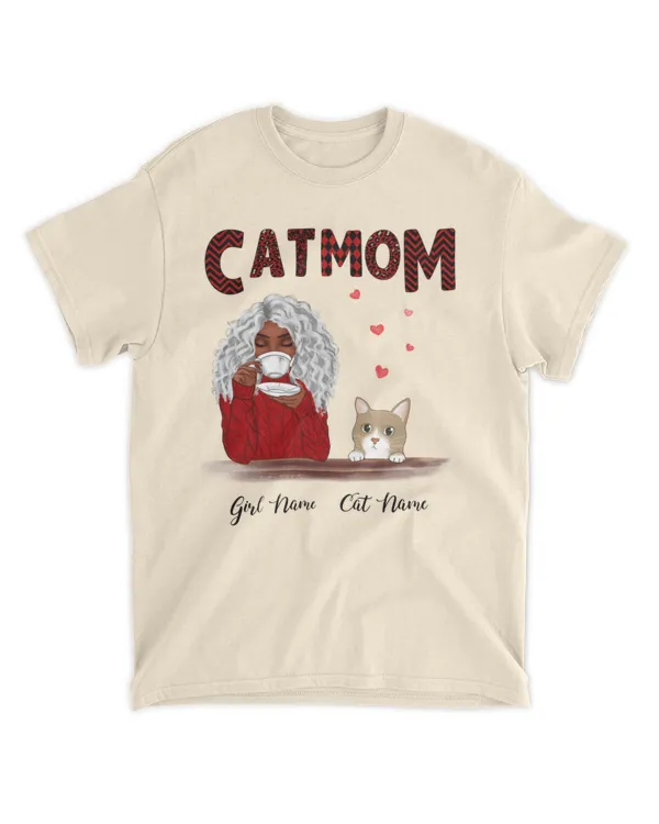 Cat Mom Red Patterned Personalized Shirt, Cat Mom Shirt, Custom Mothers Day Shirt, Personalized Mothers Day Shirts