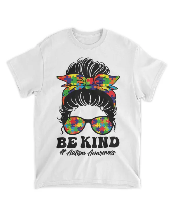 Be Kind Autism Awareness For Kids Groovy Messy Bun Girl Tees 21