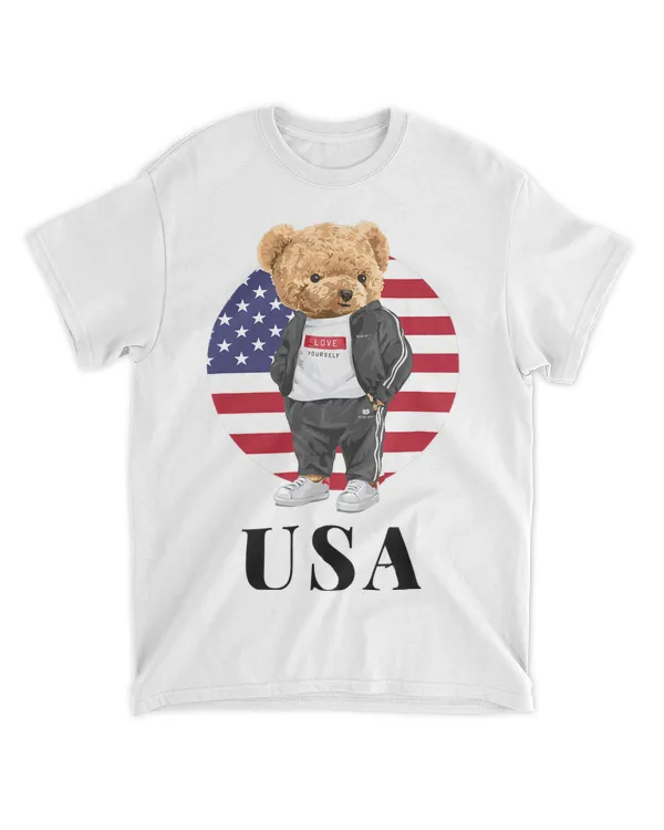 Love Yourself Cool Illustration Teddy Bear With USA Flag 21