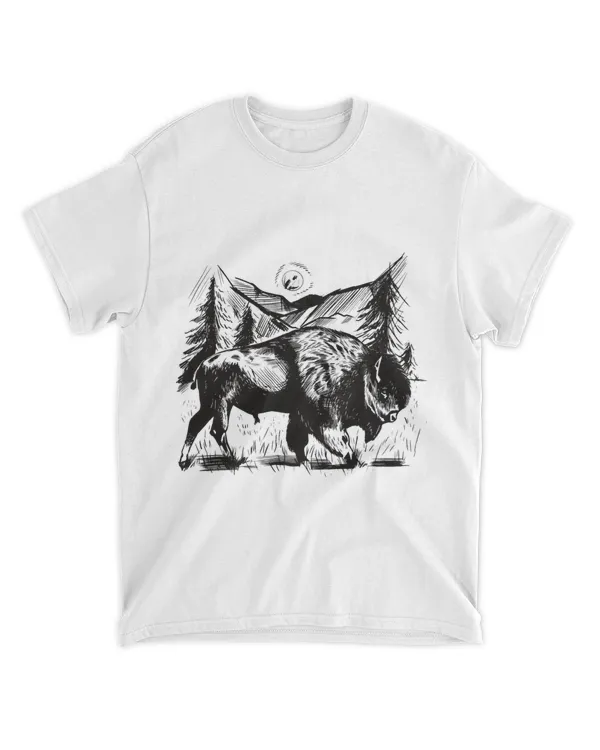 Bison art animal dashed black and white forest
