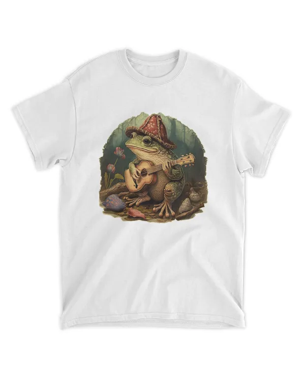 Cottagecore Shirt Aesthetic Frog Playing Banjo On Log T-Shirt Women's Graphic Print Bella Aesthetic Top