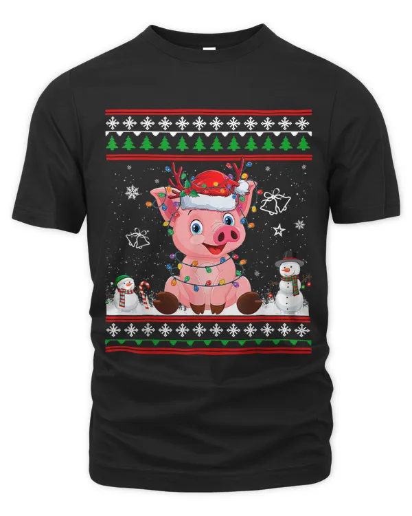 Pig Christmas Tree Santa Hat Light Ugly Sweater Pajama