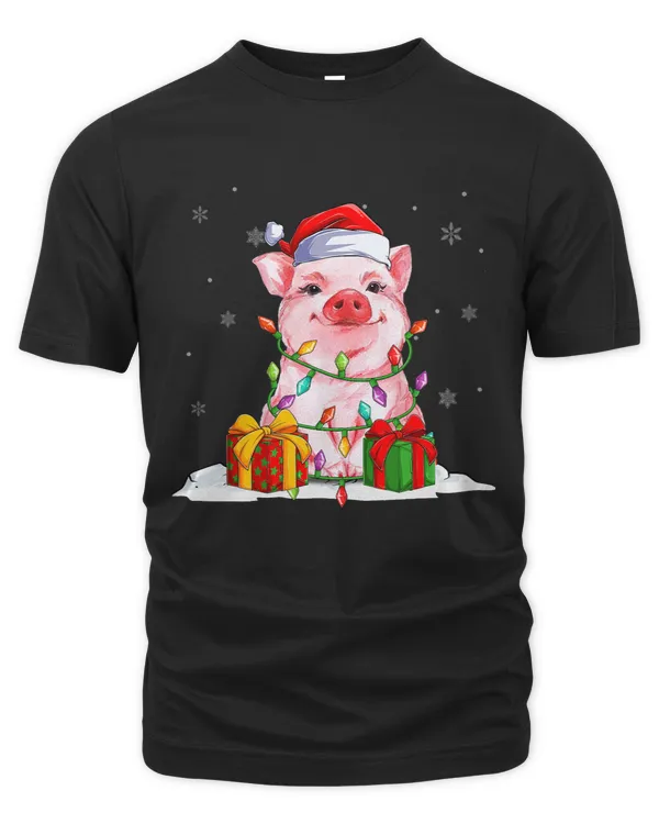 Pink Pig Piggy Christmas Light Shirt Santa Hat Pig Lover