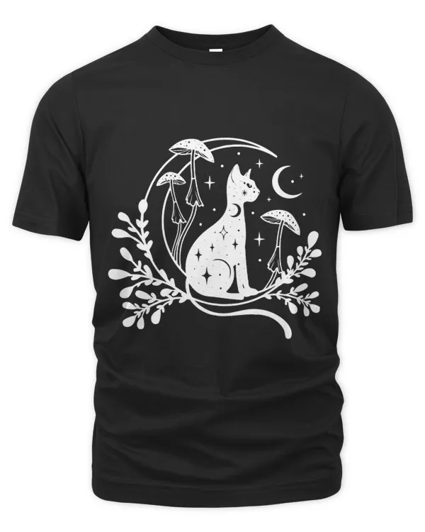 Celestial Cat Moon Mushroom Cottagecore Witchy Tee for Women