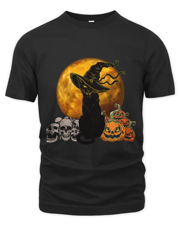 Beautiful Halloween Black Cat with Witch Hat Full Moon Cat