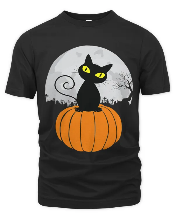 Black Cute Cat On Pumpkin Moon Full Funny Halloween