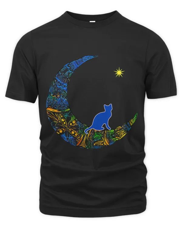 Colorful Mandala Crescent Moon with Cat and Star