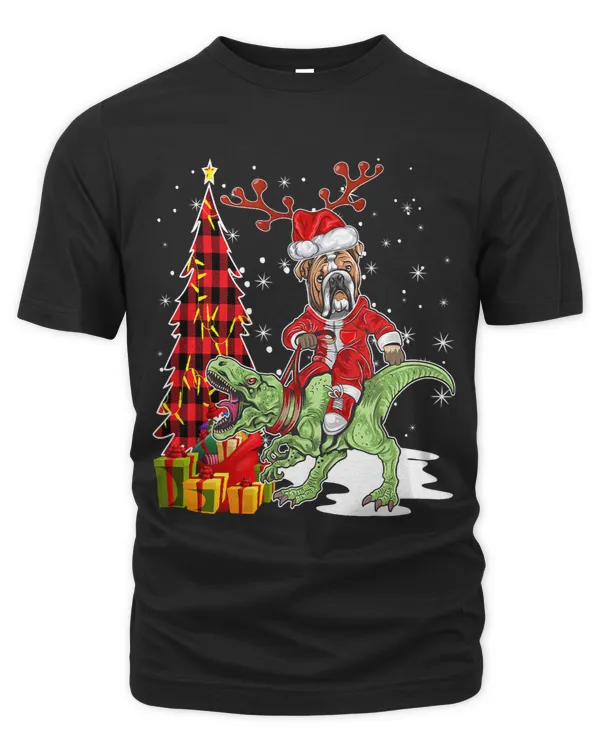Bulldog Dog Riding Dinosaur Christmas Outfit Family Matching