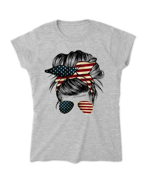 American Mom Bun, Sunglasses Headband Messy Bun, 4Th Of July, Patriotic Tshirt, Messy Bun T-shirt