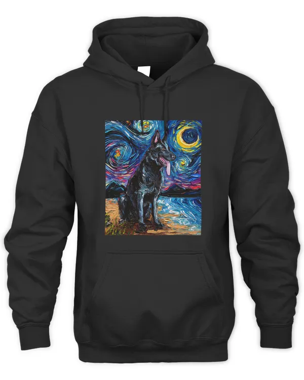 Black German Shepherd Starry Night Dog and Moon art by Aja