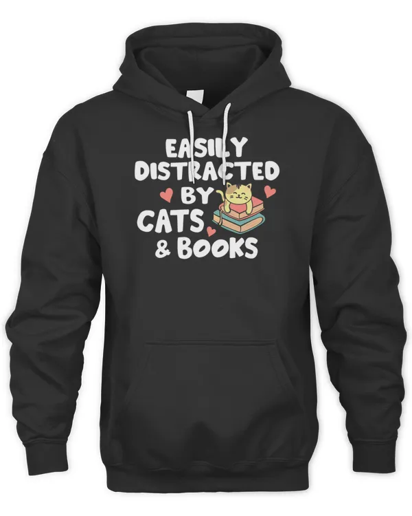 Easily Distracted By Cats And Books Cute Cat on Book Funny for Cat Mom T-Shirt