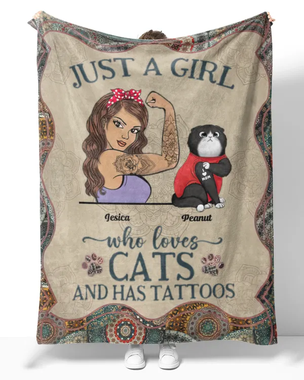 Woman Loves Cats And Tattoo Mandala Personalized Fleece Blanket QTBLKCAT160123A1