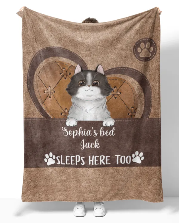 Personalized Cats Sleeps Here Too Blanket QTACAT070223BLKA1