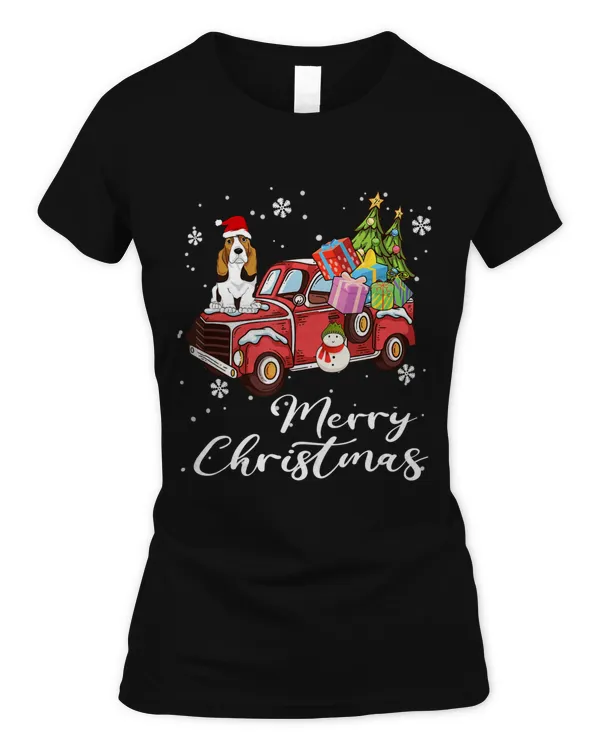 Basset Hound Riding Red Truck Merry Christmas Dog Lover