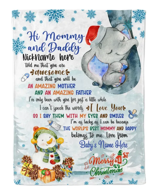 Personalized Hi MOMMY AND DADDY Elephant Cute Baby Boy with Snowman,  1st Chritmas Gift from Grandma and baby for Newmom, First Christmas gifts.