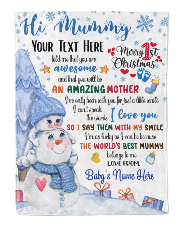 Personalized Hi MUMMY  Cute Baby Boy with Snowman,  1st Chritmas Gift from Grandma and baby for Newmom, First Christmas gifts.