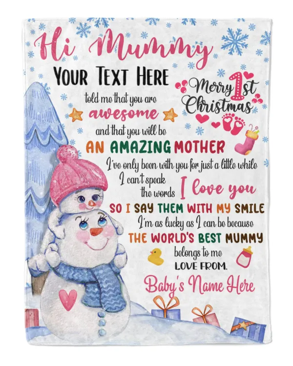 Personalized Hi MUMMY  Cute Baby Girl with Snowman,  1st Chritmas Gift from Grandma and baby for Newmom, First Christmas gifts.