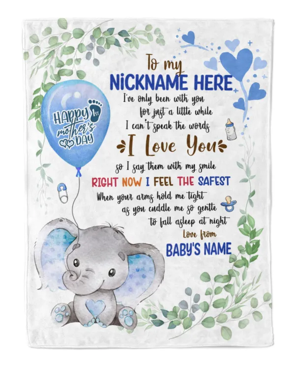 1st Mother's Day Gift, Gifts for New Mom, Personalized Hi MOMMY Cute Baby Boy Elephant ,  Gift  for Newmom,  Safari Baby Shower, Jungle Nursery Blanket