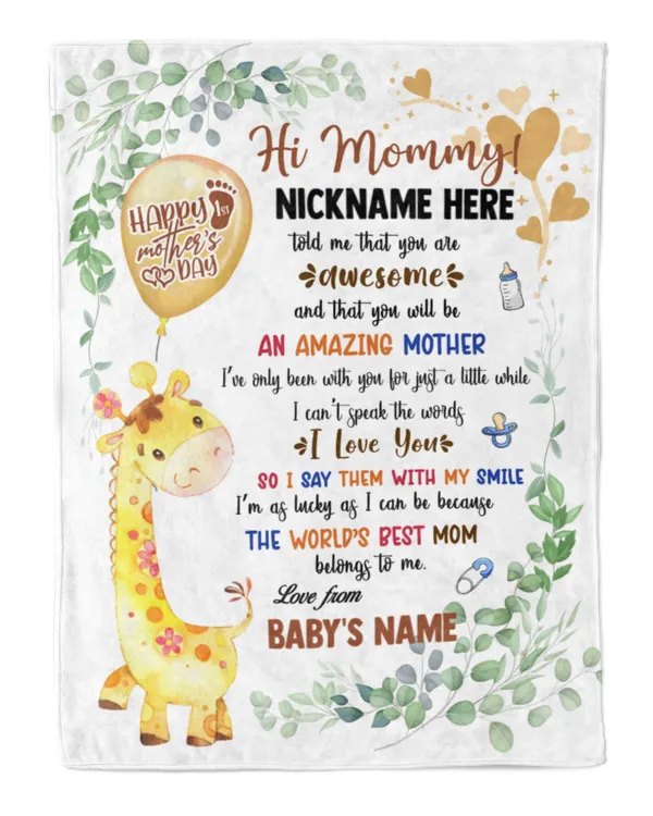 1st Mother's Day Gift, Gifts for New Mom, Personalized Hi MOMMY Cute Baby Griraffe ,  Gift  for Newmom,  Safari Baby Shower, Jungle Nursery Blanket