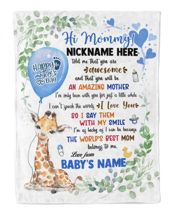 1st Mother's Day Gift, Gifts for New Mom, Personalized Hi MOMMY Cute Baby Boy Griraffe ,  Gift  for Newmom,  Safari Baby Shower, Jungle Nursery Blanket