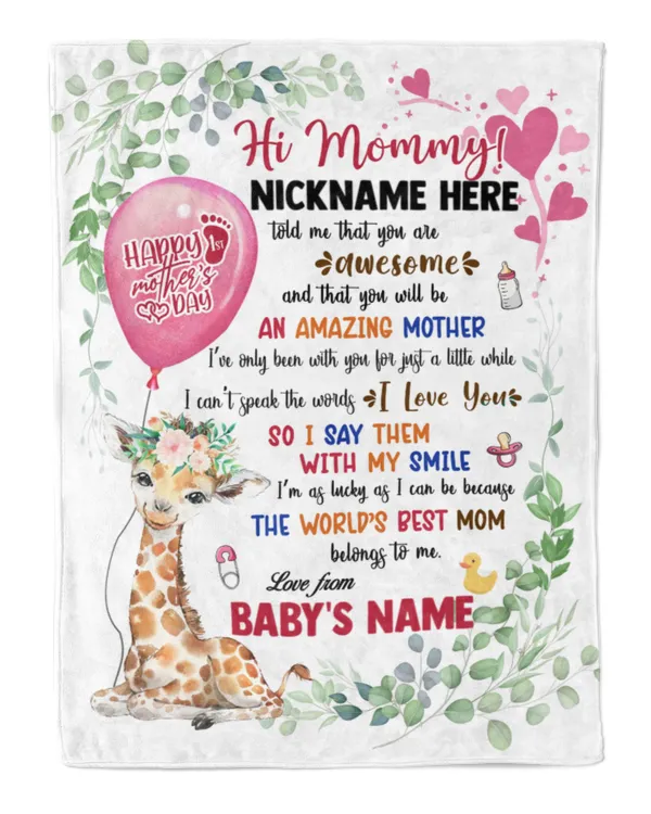 1st Mother's Day Gift, Gifts for New Mom, Personalized Hi MOMMY Cute Baby Girl Griraffe ,  Gift  for Newmom,  Safari Baby Shower, Jungle Nursery Blanket