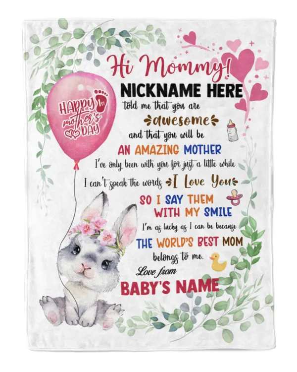 1st Mother's Day Gift, Gifts for New Mom, Personalized Hi MOMMY Cute Baby Spring Bunnies,  Gift  for Newmom,  Safari Baby Shower, Jungle Nursery Blanket